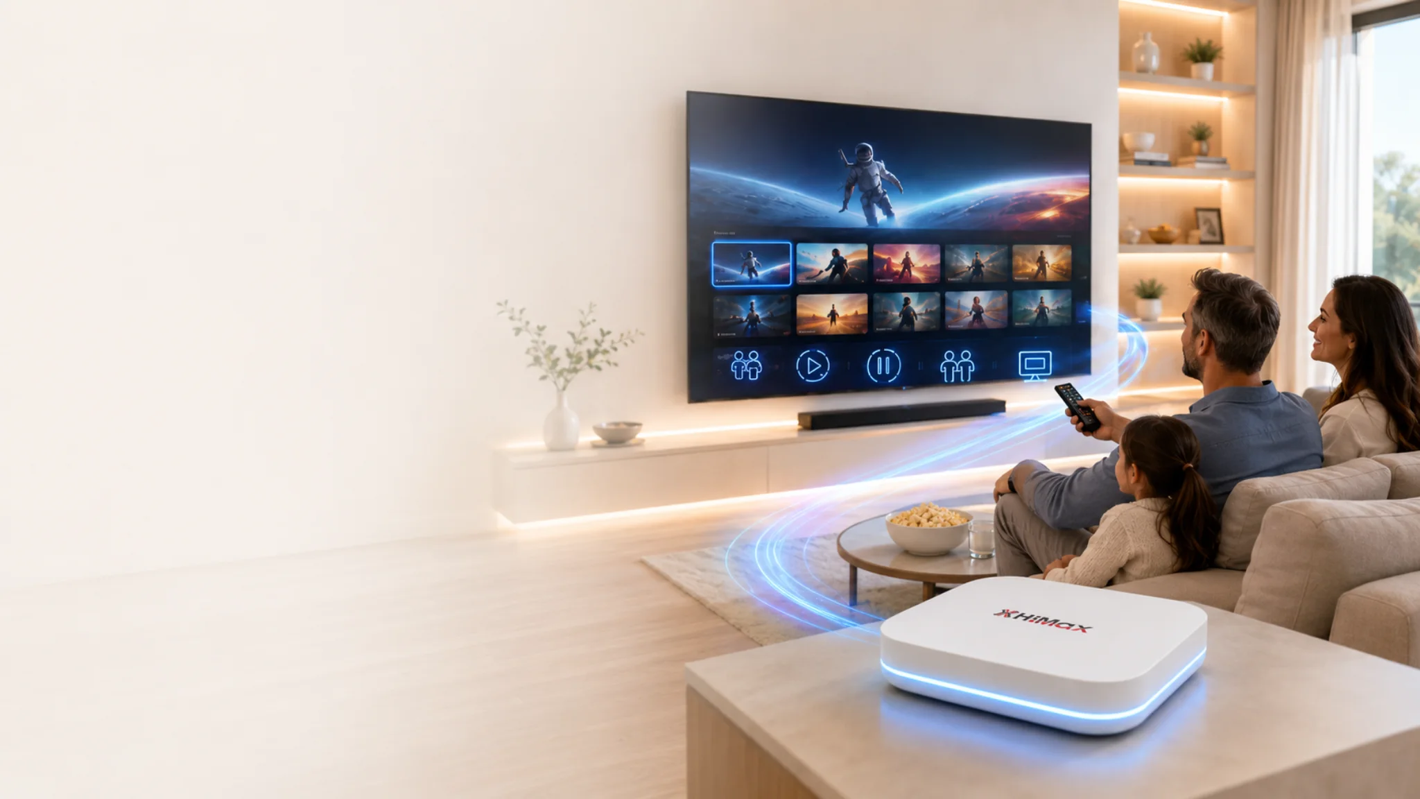 Сім’я дивиться цифрове телебачення HiMax у сучасній вітальні